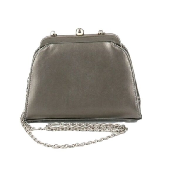 Vtg Inge Christopher Evening Bag Gunmetal Gray Faux Leather Crossbody Baguette - Picture 1 of 11